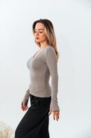 Likralı Parmak Detaylı V Yaka Body