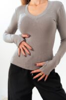 Likralı Parmak Detaylı V Yaka Body