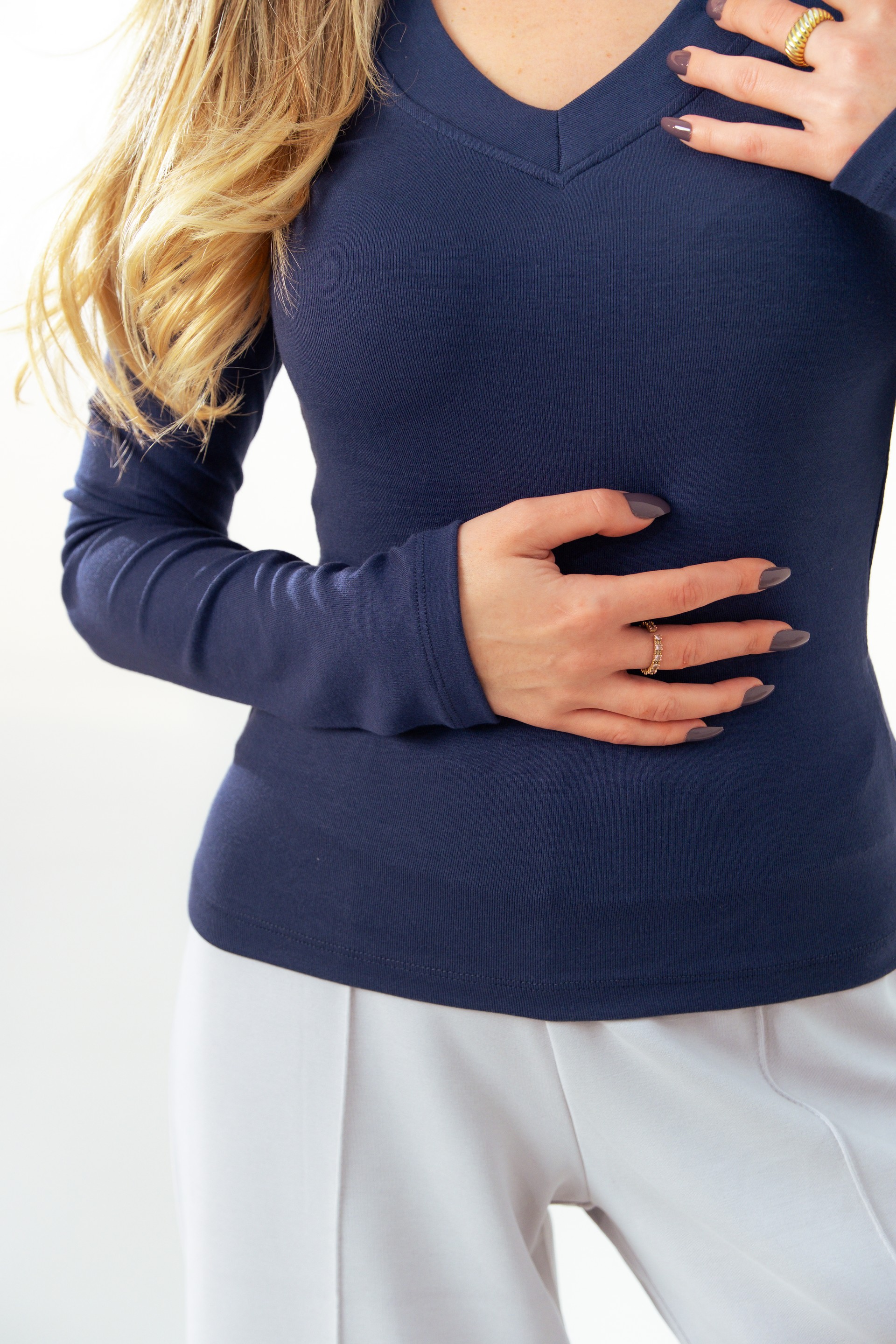 Likralı V Yaka Uzun Kollu Body